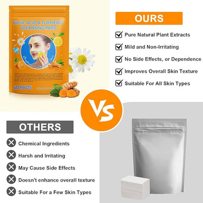 Turmeric Cleansing Pads Kojic Acid Turmeric Cleansing Pads, Face Turmeric & Kojic Acid Pads for Dark Spots, Glow Up Acne Scars, Unclog Pores, Enriched Vitamin C,Gentle & Non-Irritating
