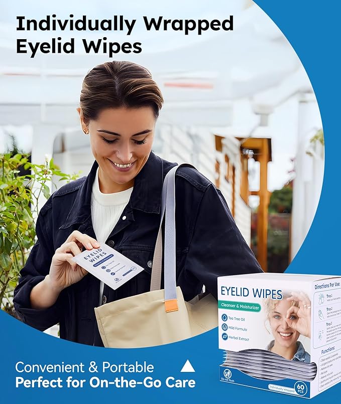 Eyelid Cleansing Wipes for Dry Eye & Blepharitis, tea tree oil Pre-Moistened Hypoallergenic Eye Wipes for Sensitive Itchy Eyes, Individually Wrapped Eyelid Wipes Travel Essentials (60 Count)