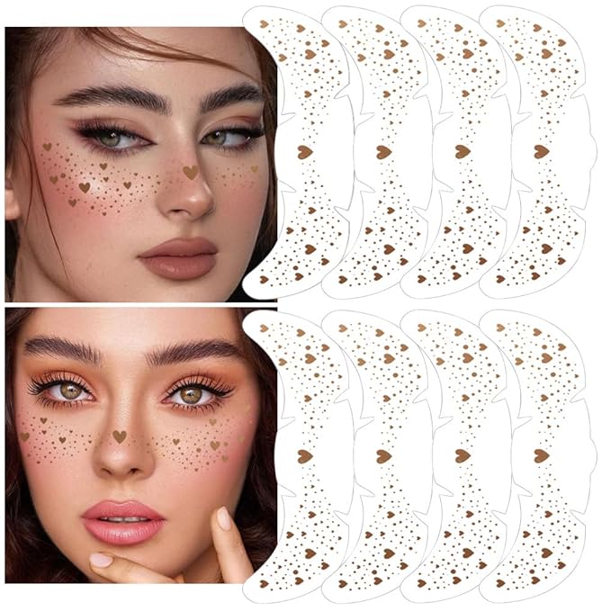 8Ps Face Glitter Speckles Patches, Brown Glitter Freckles Face Tattoo, Glow Up Makeup Patches, Cute Glitter Makeup Accessories for Women, Cosmetic Glitter for Face Gift