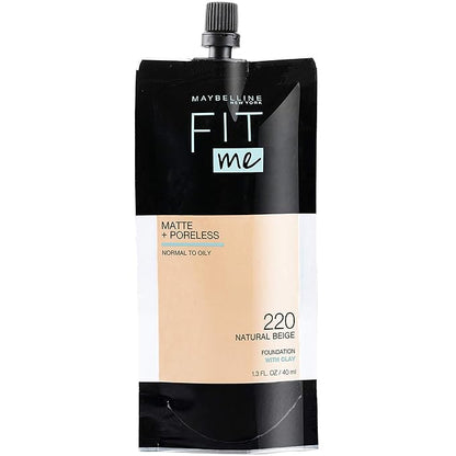 Maybelline New York Fit Me Matte + Poreless Liquid Foundation, Pouch Format, 220 Natural Beige, 1.3 Ounce