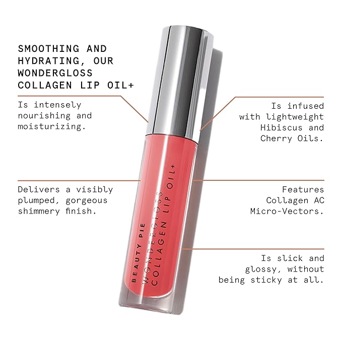 Beauty Pie Wondergloss Collagen Lip Oil + (Spicy Pink) – Hydrating, Plumping, Non-Sticky Gloss with Collagen AC Micro-Vectors & Cherry Oils