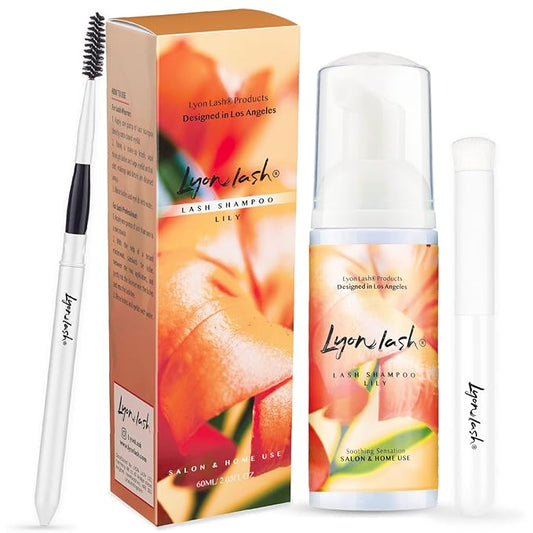 Lyon Lash Eyelash Extension Shampoo (Lily), Gentle Formula Paraben & Sulfate Free, Oil Free Foam Cleanser Kit | Remove Eye Makeup & Oil & Dust | Professional Salon And Home Use (60ml + 1 mascara wand + 1 cleansing brush)