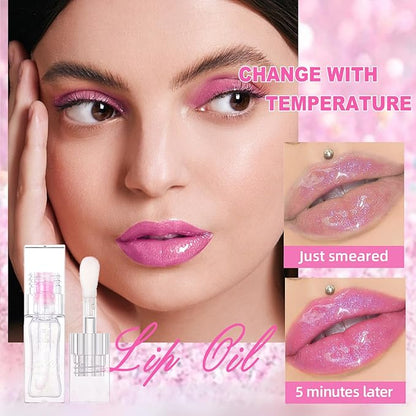 Erinde Magic Color Changing Lip Oil, Moisturizing Lip Glow Oil, Plumping Shimmer Big Brush Tinted Lip Balm Lip Care, Long Lasting Nourishing Non-sticky Fresh Texture Lip Gloss Lip Balm