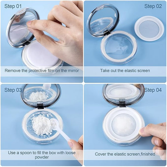 OIIKI 4 Packs Loose Powder Compact Containers, 5g Refillable Container with Powder Puff, Mirror, Net, Spoon, DIY Makeup Powder Cases Portable Powder Compact Boxes for Daily Use or Travel - Silver