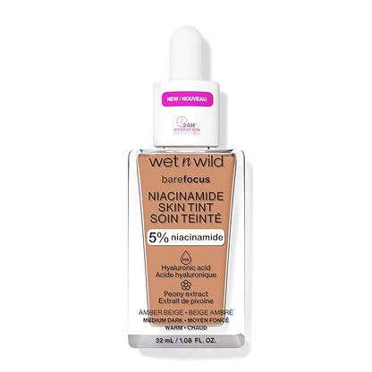 wet n wild Bare Focus Skin Tint, 5% Niacinamide Enriched, Buildable Sheer Lightweight Coverage, Natural Radiant Finish, Hyaluronic & Vitamin Hydration Boost, Cruelty-Free & Vegan - Amber Beige