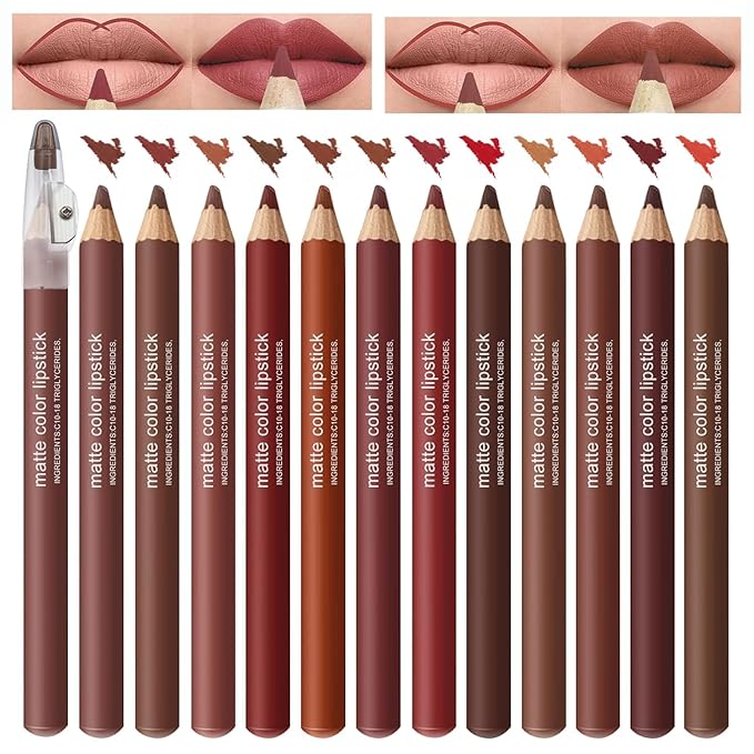 12PCS Matte Lip Liner Set - Long Lasting High-Pigmented Lip Pencils with Sharpener, Natural Nude Brown Maroon Plum Shades for Shaping & Daily Lip Makeup (12 Colors)