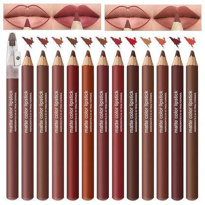 12PCS Matte Lip Liner Set - Long Lasting High-Pigmented Lip Pencils with Sharpener, Natural Nude Brown Maroon Plum Shades for Shaping & Daily Lip Makeup (12 Colors)