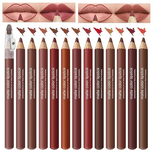 12PCS Matte Lip Liner Set - Long Lasting High-Pigmented Lip Pencils with Sharpener, Natural Nude Brown Maroon Plum Shades for Shaping & Daily Lip Makeup (12 Colors)