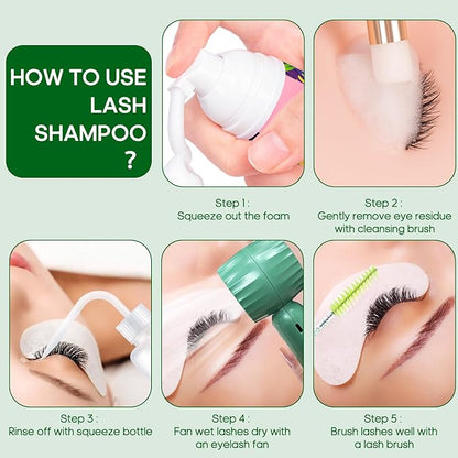 Buqikma Lash Shampoo Kit - Eyelash Extension Cleanser for Extensions 60ML with Rechargeable Handheld Lash Fan Dryer Mascara Brush Rinse Bottle Makeup Cleansing Foam for Lash Care