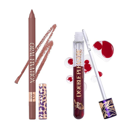 Waterproof Lip Liner & Hydrating Lip Oil - Perfect Makeup Definer Set for Everyday - Oral Fixation Pencil & Double Pleasure Gloss - Two Piece Makeup Gift Set for Women