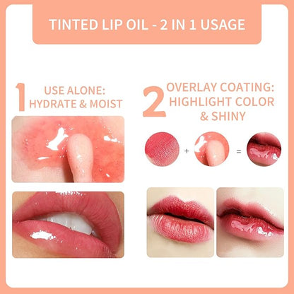 3Pcs Hydrating Lip Glow Oil - Moisturizing Tinted Lip Gloss Plumping Nourishing Shiny Long-Lasting Lip Stain with Cherry Seed Oil 0.27 fl.oz (Set C)
