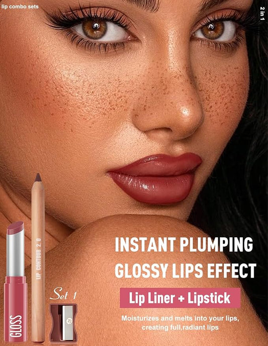 2 Pcs Lipstick and Lip Liner Set Hydrating Lip Tint Non-Sticky Lightweight Lip Balm Plumping Lip Kit for Women Matte Lip Pencil Long Lasting Gradient Glossy Lip Combo with Sharpener, 01