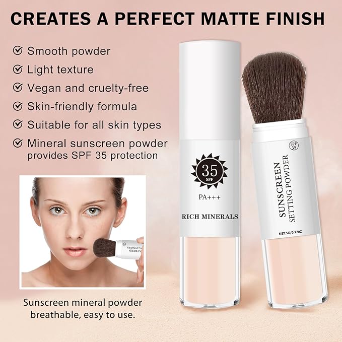 Mineral Sunscreen Setting Powder SPF 35 Mineral Brush Powder Sunscreen for Face Oil Control Matte Finish Long Lasting Lightweight Breathable for All Skin Tones & Types - 01 Translucent
