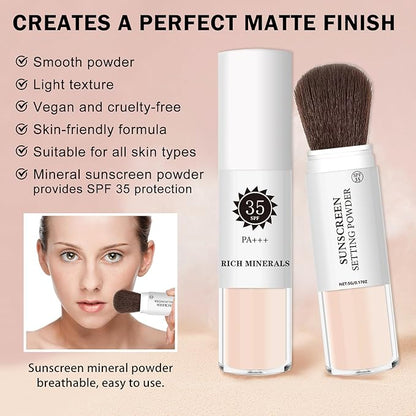 Mineral Sunscreen Setting Powder SPF 35 Mineral Brush Powder Sunscreen for Face Oil Control Matte Finish Long Lasting Lightweight Breathable for All Skin Tones & Types - 01 Translucent