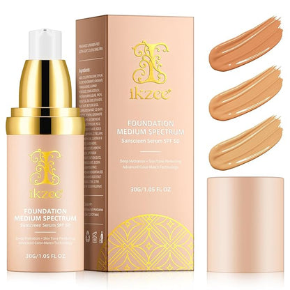 Foundation 4 in 1 - SPF 50 Sunscreen Serum Medium Coverage Concealers Waterproof & Longwearing Deep Hydration Color Changing Foundation Liquid Makeup Base Concealer for All Skin