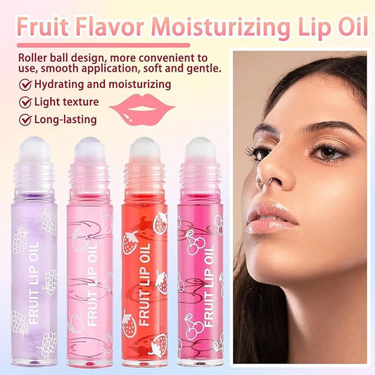 4PCS Roll On Lip Oil Set, Moisturizing Transparent Lip Glow Oil, Fruit Flavored Hydrating Roll On Plumping Lip Gloss Glossy Set, Long Lasting Non-sticky Shiny Lip Oil Makeup Gift Kit