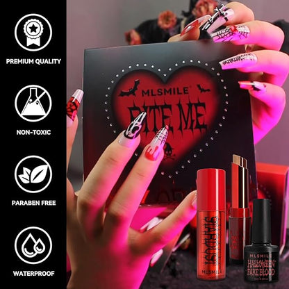 Halloween Makeup Kit,Halloween Press On Nail With Tools,SFX Make up Set Fake Blood Cream,Powder Lipstick,two-tone eyeshadow,2024 New Halloween Party Supplies