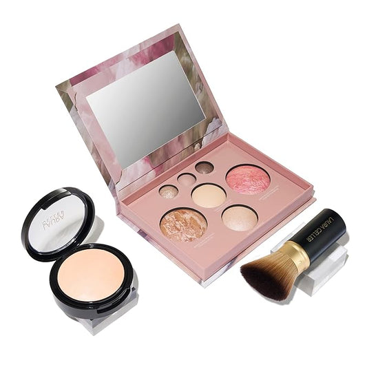 LAURA GELLER NEW YORK Baked Starter Kit - Full Coverage: Double Take Powder Foundation, Porcelain + Best of the Best Face Palette + Retractable Angled Kabuki Brush