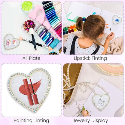 Resin Nail Art Palette Nail Painting Mixed Color Palette Gold Edge Nail Holder Display Board Heart Rhinestone DIY Makeup Pallet Polish Gel Color Mixing Tray Cosmetic Mixing Tools Valentine's Day