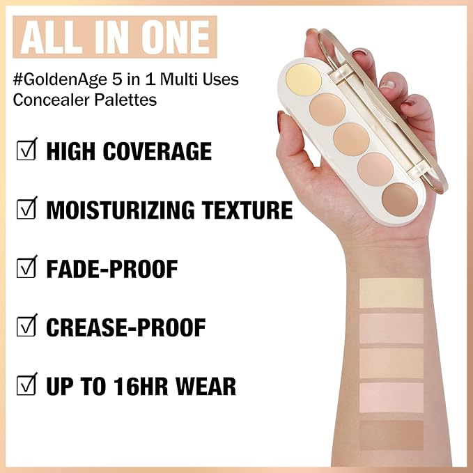 FOCALLURE #GoldenAge 5 in 1 Multi Uses Concealer Palette, 5 Colors Correcting Conceal Palette, Camouflage Contour Palettes for Dark Circles, Face Contouring Highlighter Pallet, NE01 LIGHT