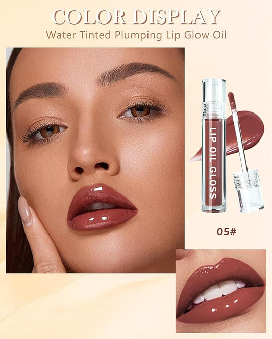 Hydrating Lip Tint Stain-1Pcs Tinted Plumping Lip Glow Oil, Moisturizing Water Lip Stain Makeup, Pigmented Non-Sticky Vegan Lip Gloss, Multi-Use Lip & Cheek Tint, Nude Glossy Finish, Cruelty Free-05#