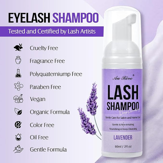Lash Shampoo for Lash Extensions 60 Ml/2fl.oz Eyelash Extension Cleanser Oil Free Lash Cleanser for Eyelash Care, Gentle Foaming Eyelash Shampoo with Brush for Salon Home Care (Lavender 60ml)