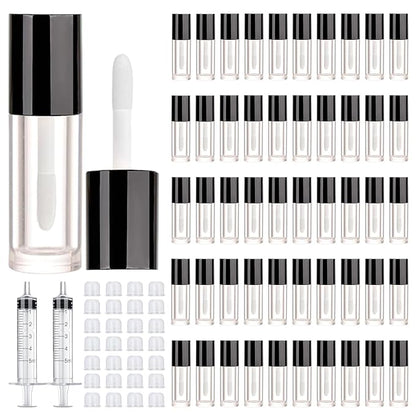 50pcs 2.5ml Empty Lip Gloss Containers Lip Gloss Tubes with Wand Cute 0.08oz Clear Refillable Lipgloss Making Supplies Kit for DIY Makeup + 2pcs Syringes (Black)
