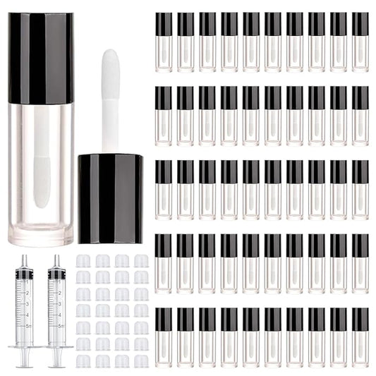 50pcs 2.5ml Empty Lip Gloss Containers Lip Gloss Tubes with Wand Cute 0.08oz Clear Refillable Lipgloss Making Supplies Kit for DIY Makeup + 2pcs Syringes (Black)