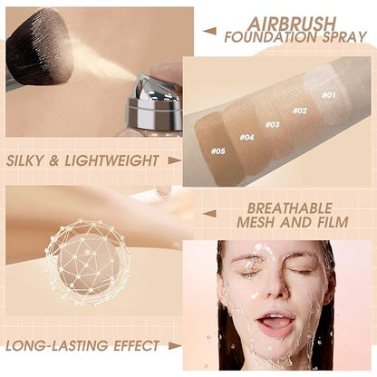 AirBrush Foundation Spray, Silky Mist Spray Makeup Kit with Brush, Full Coverage Foundation for Smooth Radiant Finish, Formula Breathable Lightweight Hydrating | #01 Porcelain