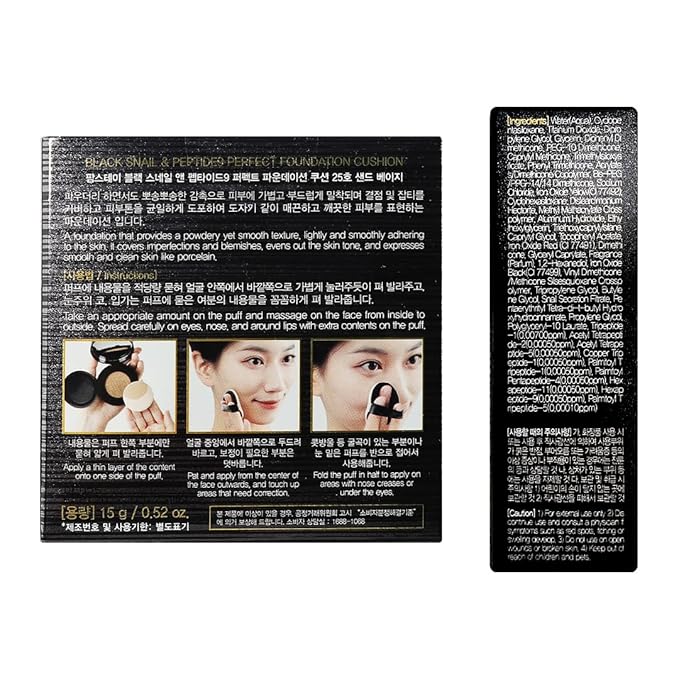 Farmstay Black Snail & Peptide 9 Perfect Cushion Foundation | Full Coverage, Lightweight, Skin-Fit, Smooth Radiant Finish, Korean Cushion Foundation (#25 Sand Beige, 0.53 Fl Oz)