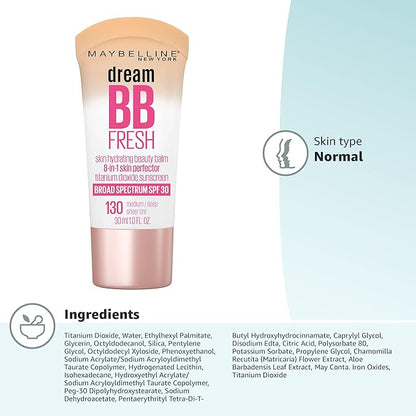Maybelline Dream Fresh Skin Hydrating BB cream, 8-in-1 Skin Perfecting Beauty Balm with Broad Spectrum SPF 30, Sheer Tint Coverage, Oil-Free, Medium/Deep, 1 Fl Oz (Pack of 2)