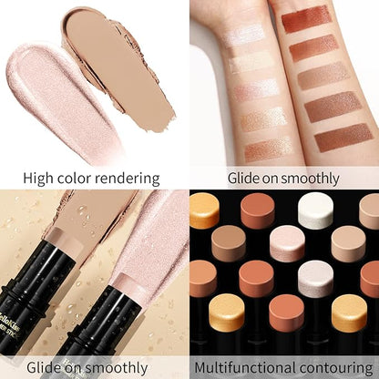 POPMISOLER 2pcs Makeup Highlighter & Cream Contour Stick, Natural Face Bronzer & Cool Toned Contour Kit for Beginners, Waterproof Shimmer Highlight Stick