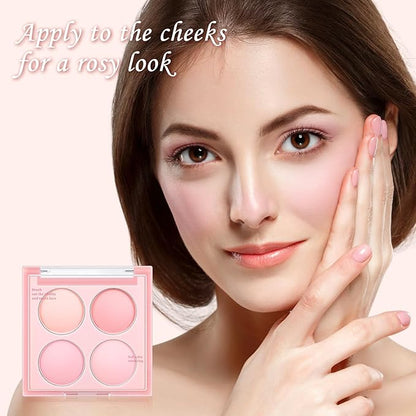 4 Colors Cream Blush Palette, Matte Pink & Highlighter Eyeshadow Makeup Palette with Blush Brush