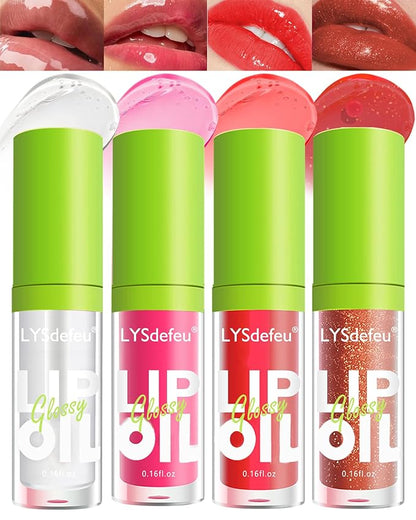Hydrating Lip Glow Oil Kit-4 Colors Lip Oil Lip Glaze,Tinted Lipgloss Clear Pink Red Glow Reviver Tint Lip Oil Lip Stain, Non-sticky Lipstain Lip Gloss,Mother's Day Makeup Gift Kit for Women-Set C