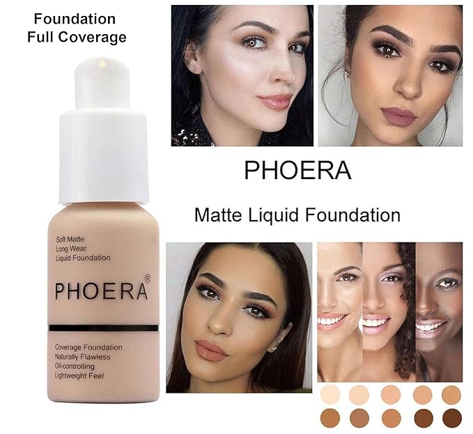 Phoera Foundation Full Coverage Makeup Set - 24hr Long Lasting Oil Control - Soft Smooth Matte Flawless Concealer Cream - Inc x2 30ml Foundation & Silicone Blender Sponge (103 Warm Peach)