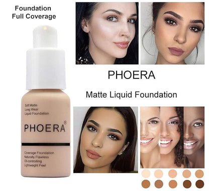 Phoera Foundation Full Coverage Makeup Set - 24hr Long Lasting Oil Control - Soft Smooth Matte Flawless Concealer Cream - Inc x2 30ml Foundation & Silicone Blender Sponge (103 Warm Peach)