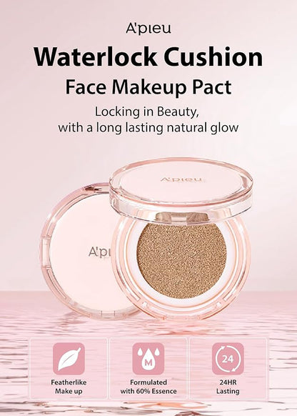 A'PIEU Waterlock Cushion Foundation No.23 Natural Beige Semi-Matte Natural Coverage Glow Foundation for Lasting Moisture, 3-Layered Hyaluronic Acid, Paraben-Free