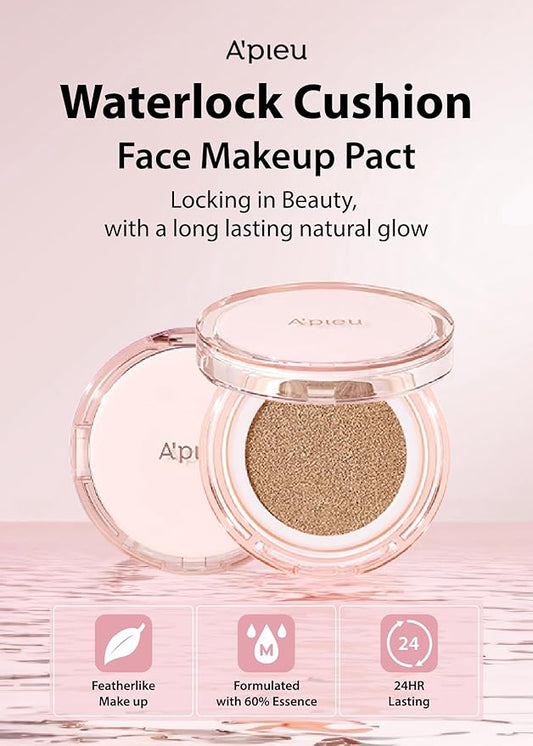 A'PIEU Waterlock Cushion Foundation No.23 Natural Beige Semi-Matte Natural Coverage Glow Foundation for Lasting Moisture, 3-Layered Hyaluronic Acid, Paraben-Free