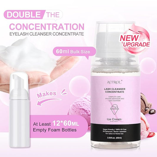 Eyelash Cleanser Concentrate 60ml Ice Cream Professional Lash Shampoo Foaming Cleanser DIY Paraben & Sulfate Free Non-lrritating Wash for Extensions Lashes with Salon Home Care-Makes 6 Bottles