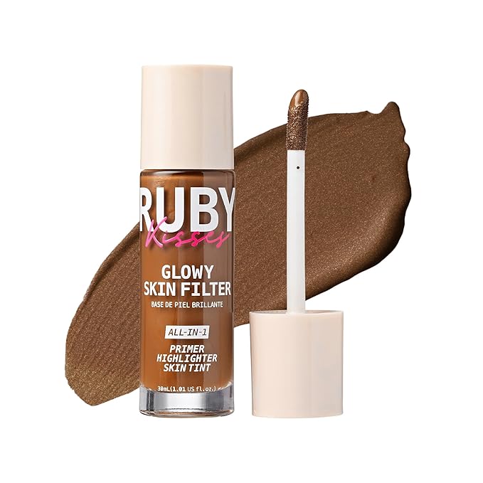 Ruby Kisses Glowy Skin Filter Foundation - All-in-1 Primer, Skin Tint & Highlighter, Hydrating Light Coverage with Squalane, Natural Dewy Finish, Luminous & Radiant Glow (Deep)