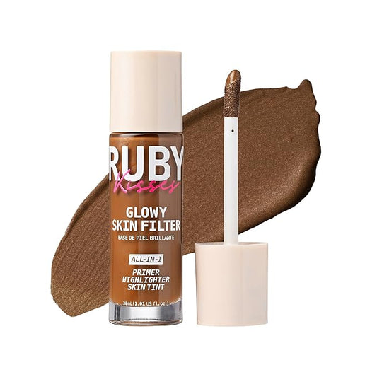 Ruby Kisses Glowy Skin Filter Foundation - All-in-1 Primer, Skin Tint & Highlighter, Hydrating Light Coverage with Squalane, Natural Dewy Finish, Luminous & Radiant Glow (Deep)