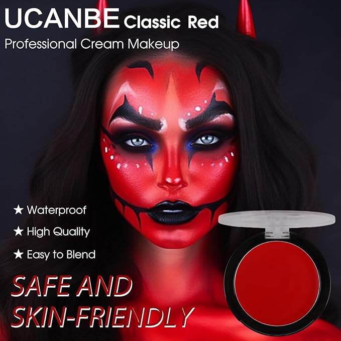 UCANBE Red Face & Body Paint Makeup Foundation, Professional Non-Toxic Cream Greasepaint, Oil-Based Face Painting Kit for Kids & Adults Party, Halloween SFX Devil Clown Vampire Costume Cosplay Makeup