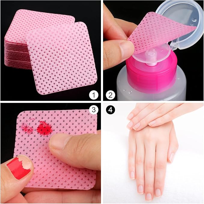 200 Pieces Nail Cotton Pads,1 Pull-Down Pump Dispenser Bottle, Super Absorbent Soft Non-Woven Eyelash Glue Wipes, Nail Polish dehumidifier for Eyelash Extension Products and Nail Oil Bottle (Pink)