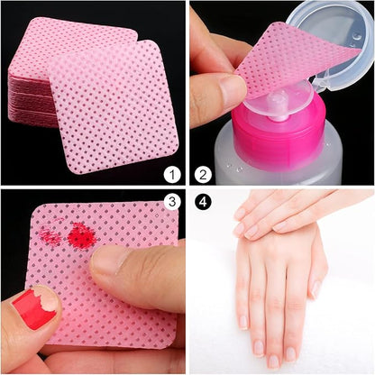 200 Pieces Nail Cotton Pads,1 Pull-Down Pump Dispenser Bottle, Super Absorbent Soft Non-Woven Eyelash Glue Wipes, Nail Polish dehumidifier for Eyelash Extension Products and Nail Oil Bottle (Pink)