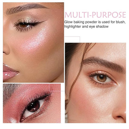 Powder Blush for Cheeks, Baked Blush Palette Highlighter Makeup, Brighten Glow Face Blusher, Shimmer Buildable Lightweight Multiuse Baked Powder for Eyeshadow Highlight rubores de maquillaje