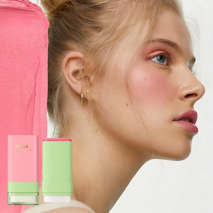 Blush Stick for Cheeks and Lips with Built-In Blending Sponge, On-the-Go Glow Blush, Hydrating Solid Cheek Tint, Multi-use Blush Makeup Stick, Tinted Moisture Sticks (Color:03#Shy Pink)