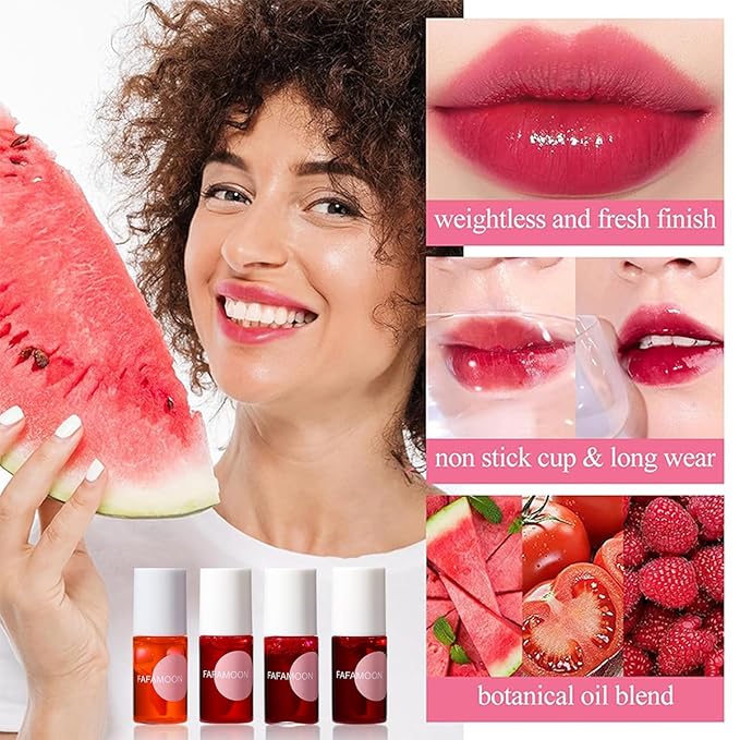 4 Colors Lip Tint Stain Set,Mini Water Lipstick,Korean Lip Gloss Moisturizing Natural,Long Lasting Waterproof,Multi-Use Lip and Cheek Tint(Apple& Strawberry& Watermelon& Cherry)