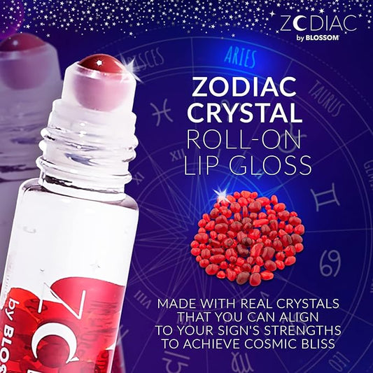 Blossom Lip Gloss Zodiac Sign Vanilla Scented Roll-On Lip Gloss, Moisturizing + Hydrating with Zodiac Crystals, Made in USA, 0.20oz, Aries