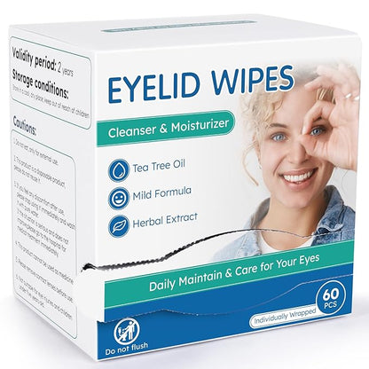 Eyelid Cleansing Wipes for Dry Eye & Blepharitis, tea tree oil Pre-Moistened Hypoallergenic Eye Wipes for Sensitive Itchy Eyes, Individually Wrapped Eyelid Wipes Travel Essentials (60 Count)