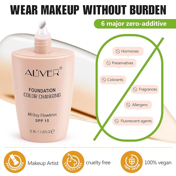 Colour Changing Foundation, 2Pack Color Changing Liquid Foundation Makeup Base Moisturizing Concealer Cover for Women, SPF15, Sunscreen, Non-Greasy, Long Lasting